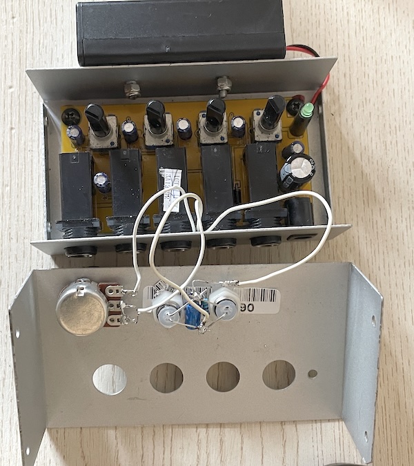 Inside of the modified Behringer MX400 audio mixer