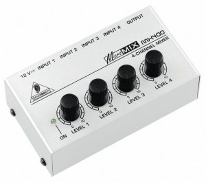 Behringer MX400 audio mixer. Normally with external power supply